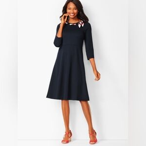 TALBOTS Navy Ponte Stretch Grommet Ribbon Bow Nautical Dress 8 Petite NWOT